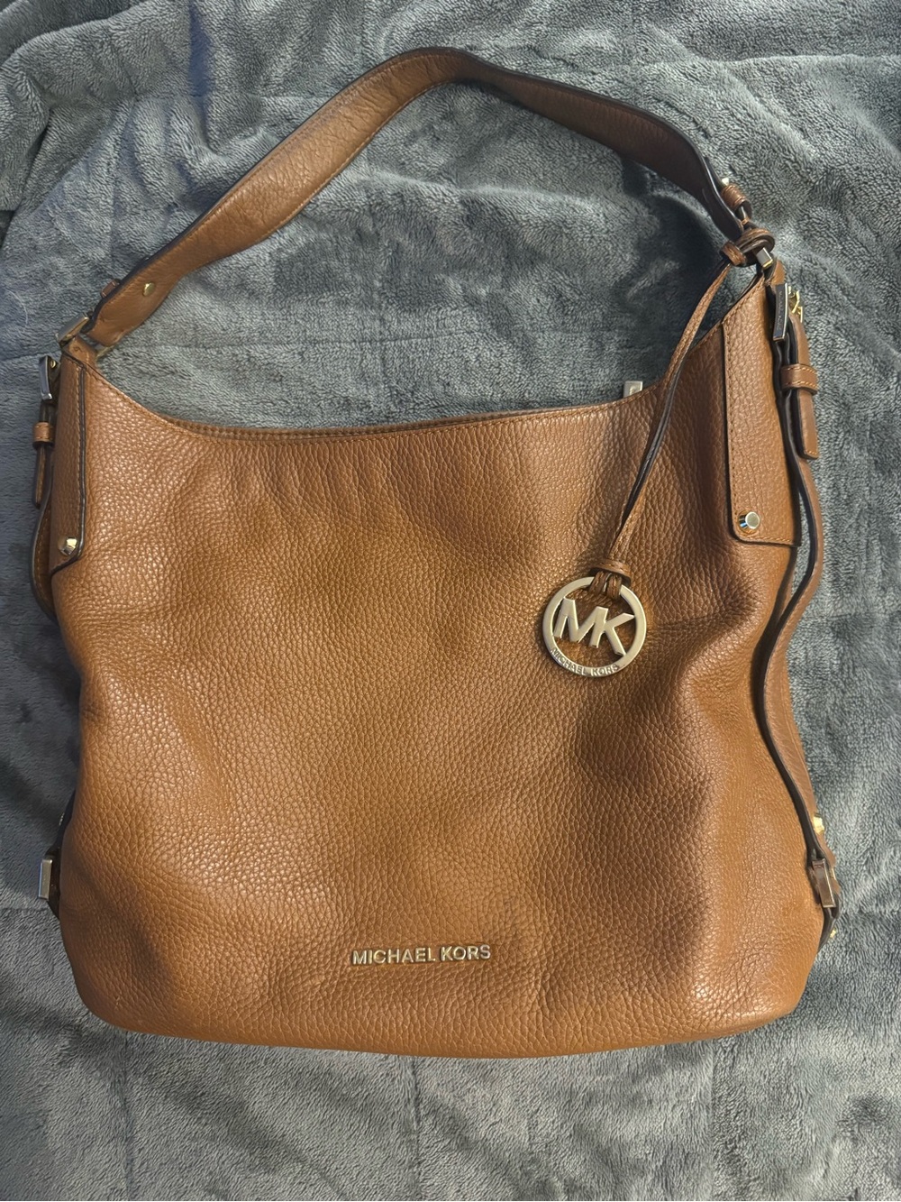 Michael Kors Cognac Pebbled Leather Shoulder Bag with MK Charm